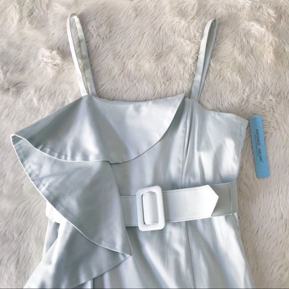 ANTONIO MELANI Draped Midi Dress Sleeveless Sheath Ruffle Mint Green Size 8 New - Picture 4 of 16